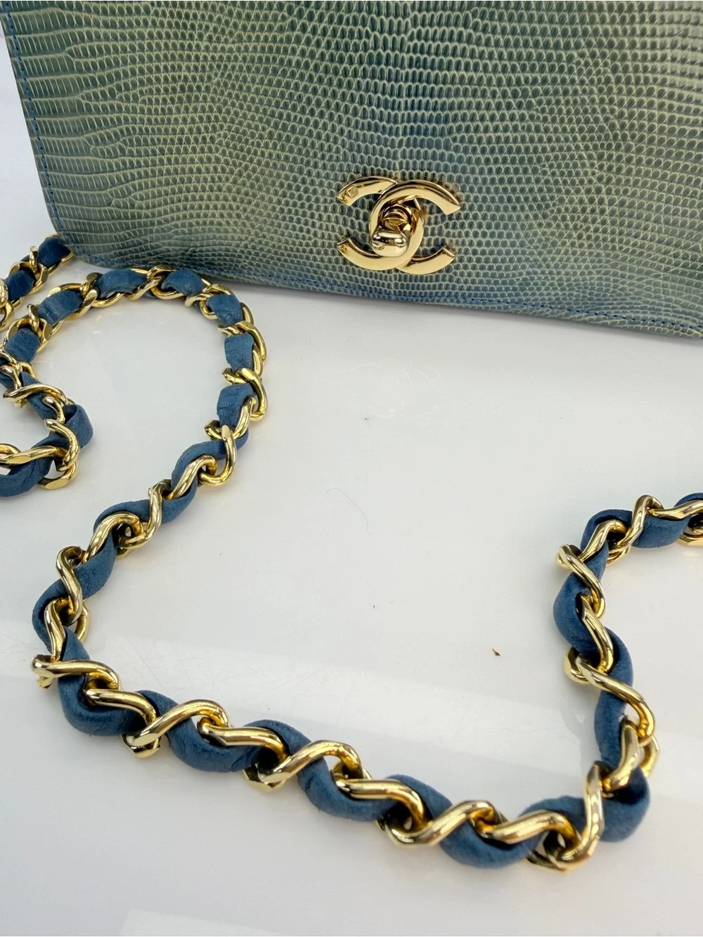 RARE Chanel Blue Lizard Skin Flap Bag Wallet on Chain 0 Series 1986-88